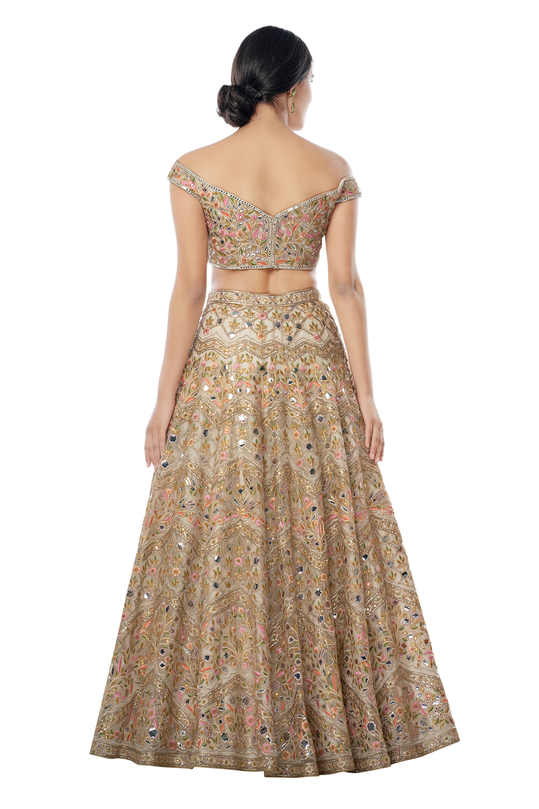 Ivory Net Lehenga With Foil, Gota Resham