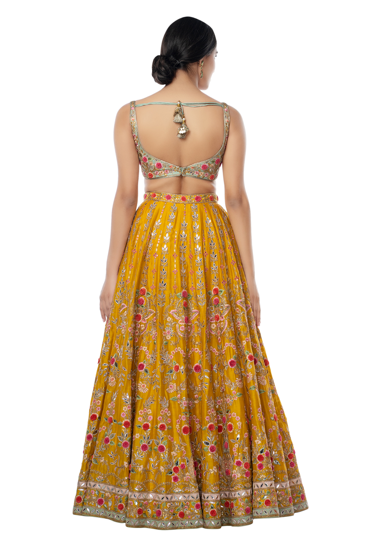 Mustard 3D Flower Lehenga with Mint Blouse and Dupatta