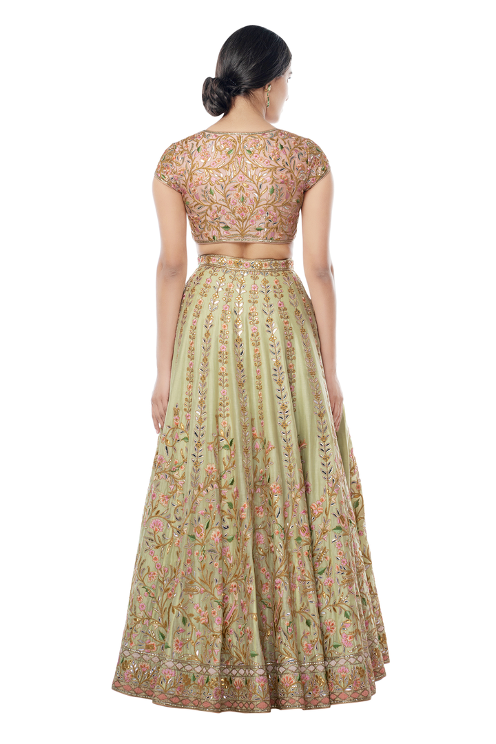 Mint Chanderi Lehenga with Pink Blouse