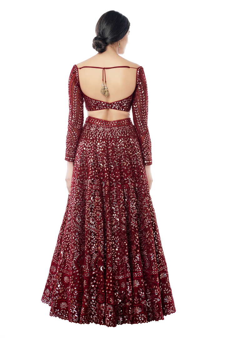 Maroon Net Foil Lehenga