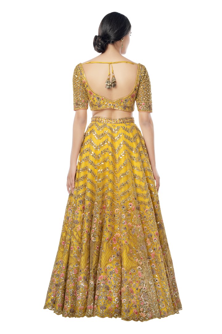 Yellow Net Lehenga with Foil, Resham