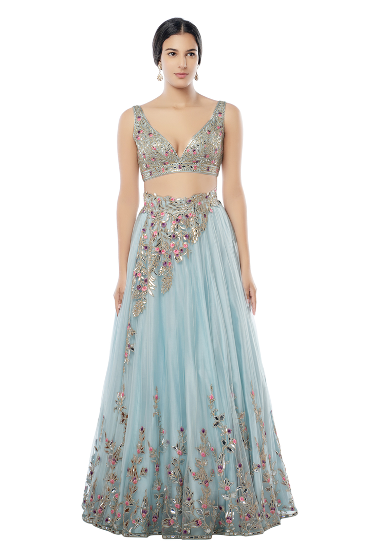 Light Blue Placement Foil Lehenga with Cape