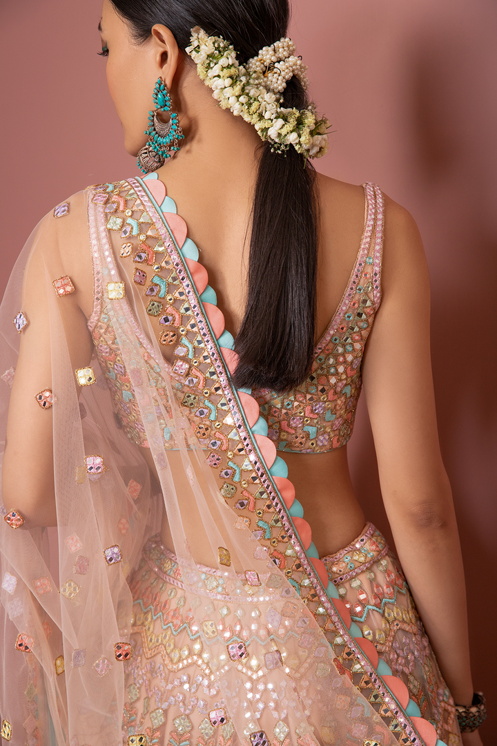 PEACH NET LEHENGA WITH RESHAM ,MIRROR AND DORI EMBROIDERY