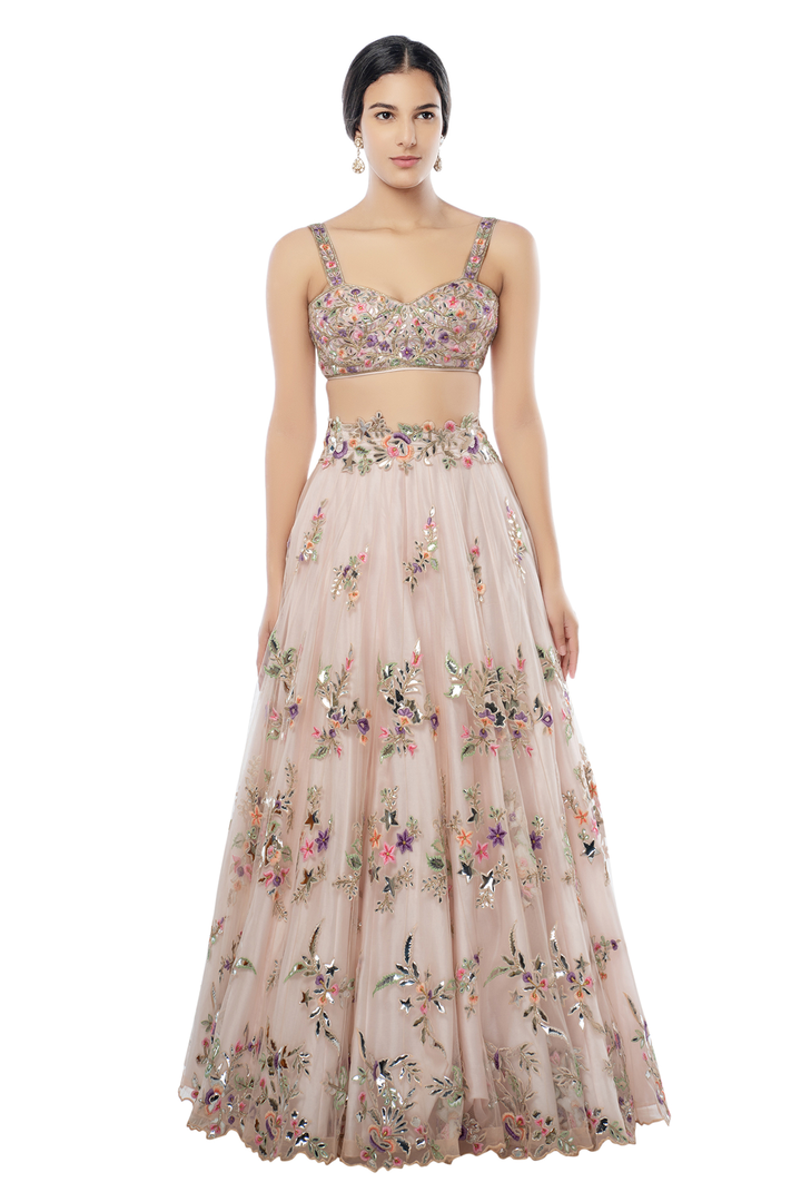 Blush Pink Lehenga with Foil Placement Cape Dupatta