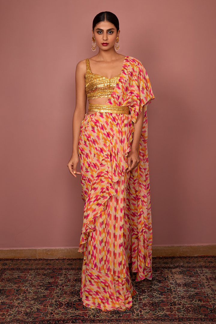 PRINTED SAREE WITH RUFFLES, GOLD METALLIC BLOUSE AND BELT