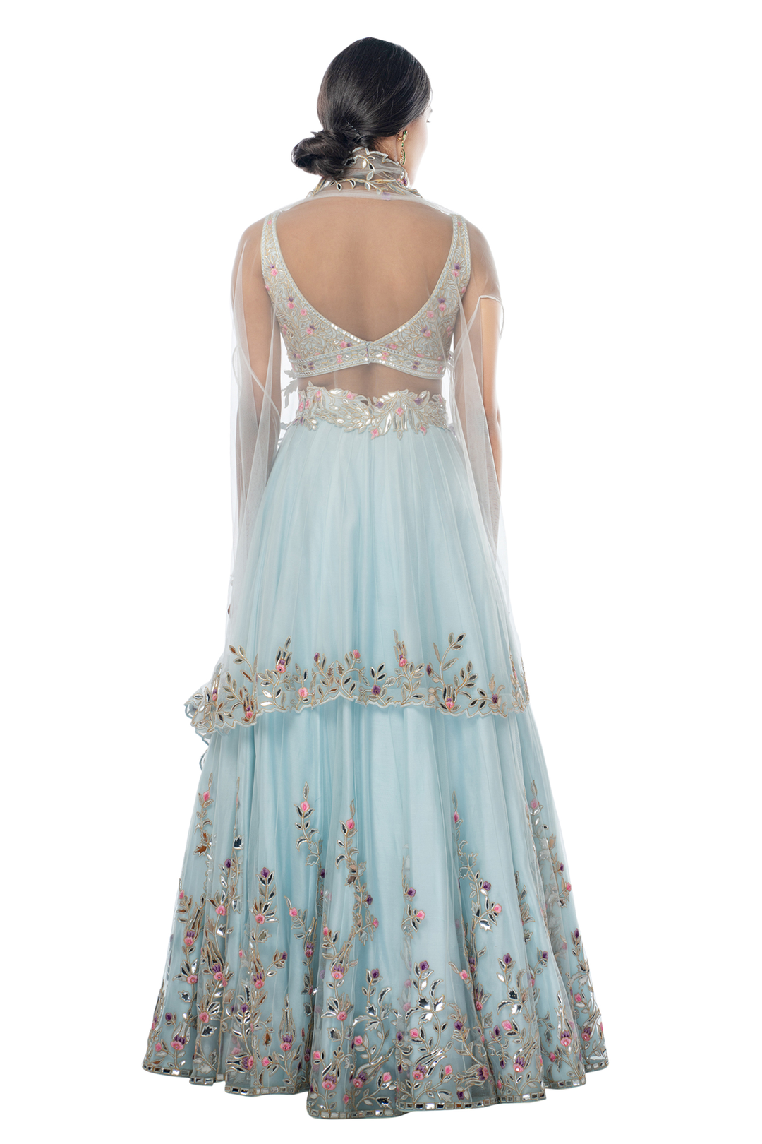Light Blue Placement Foil Lehenga with Cape