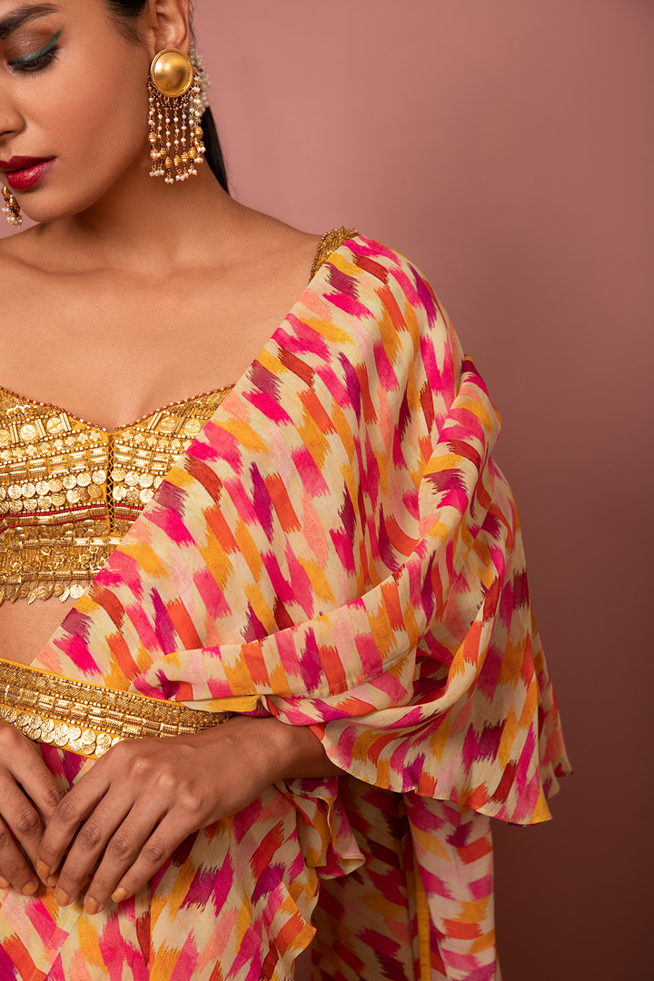 PRINTED SAREE WITH RUFFLES, GOLD METALLIC BLOUSE AND BELT