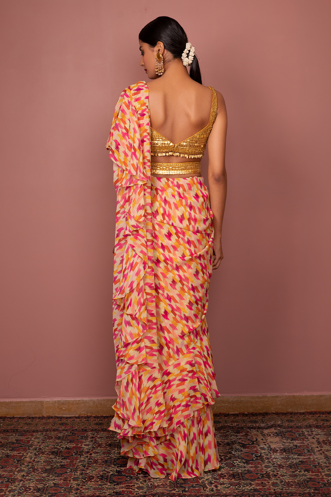 Printed Saree With Ruffles, Gold Metallic Blouse And Belt