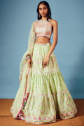 Green Chanderi Tiered Lehenga Set
