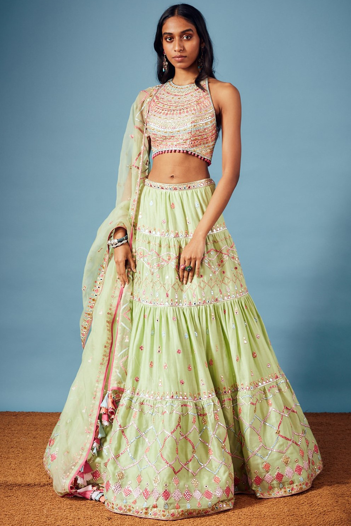 Green Chanderi Tiered Lehenga Set