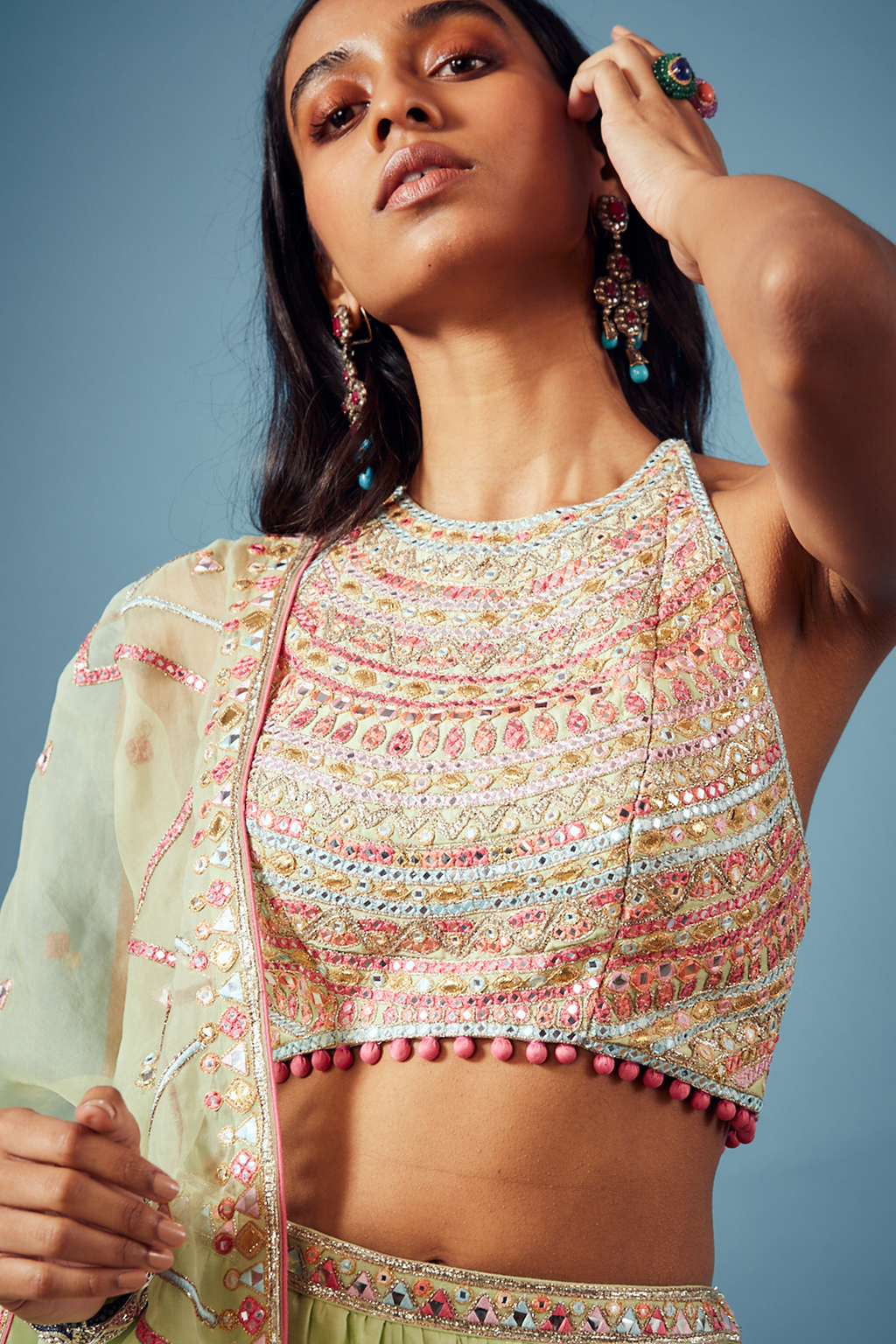 Green Chanderi Tiered Lehenga Set