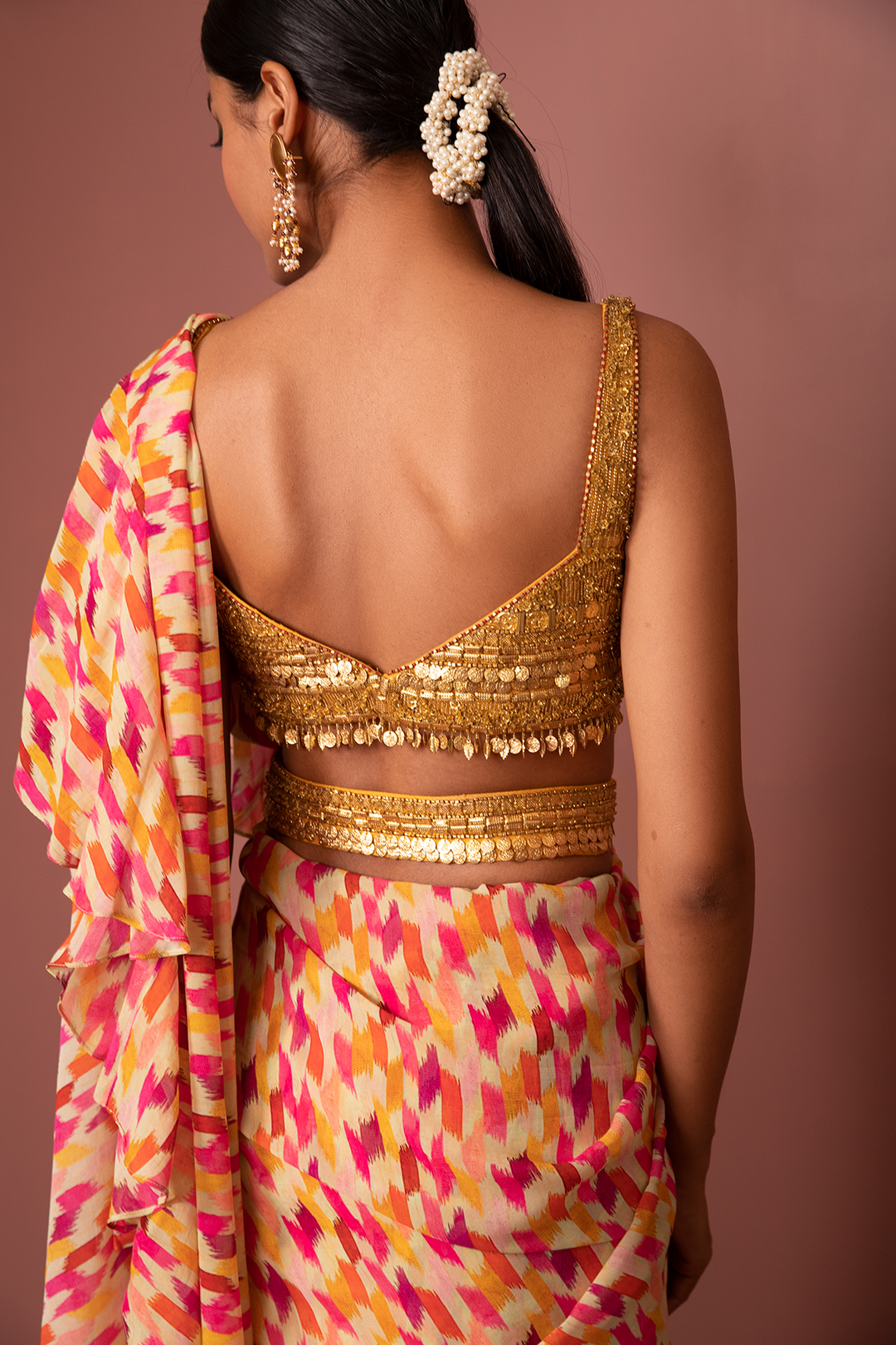 Printed Saree With Ruffles, Gold Metallic Blouse And Belt