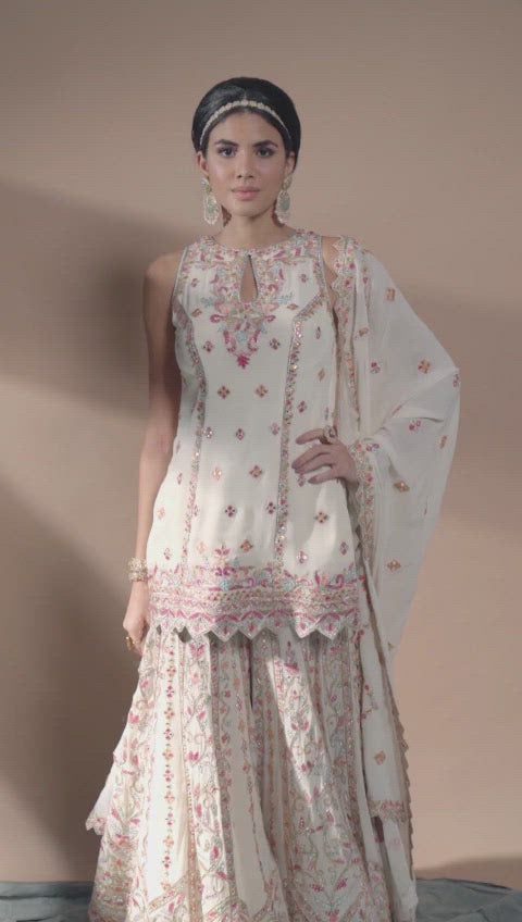 Ivory Georgette Incut Kurta With Sharara