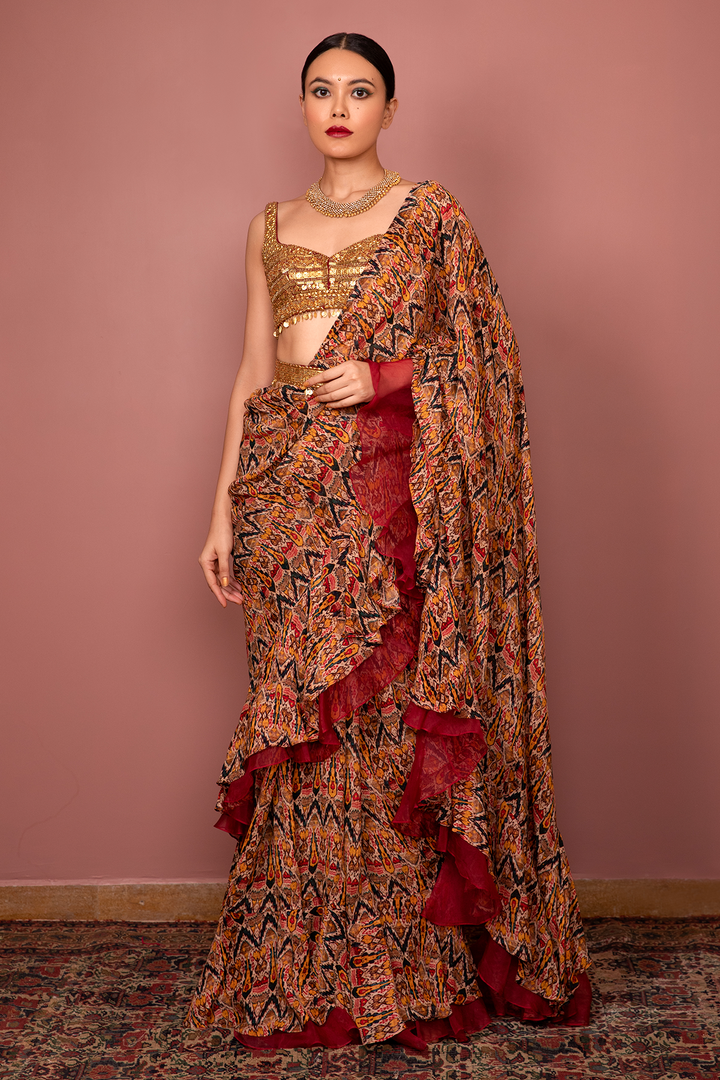 TRIBAL PRINTED SAREE WITH BLOUSE AND BELT