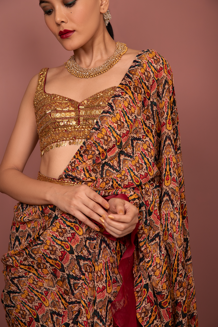 TRIBAL PRINTED SAREE WITH BLOUSE AND BELT