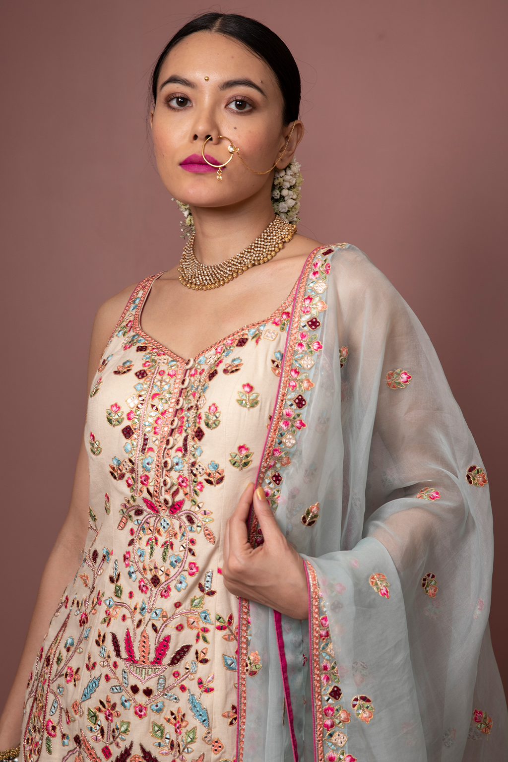 Ivory Kurta,Green Gharara Set