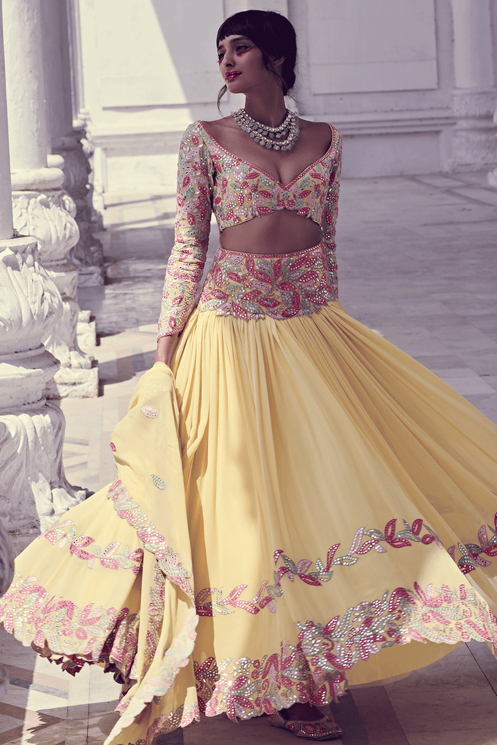 YELLOW GEORGETTE  MIRROR LEHENGA