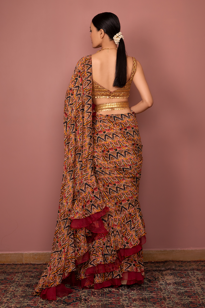 TRIBAL PRINTED SAREE WITH BLOUSE AND BELT