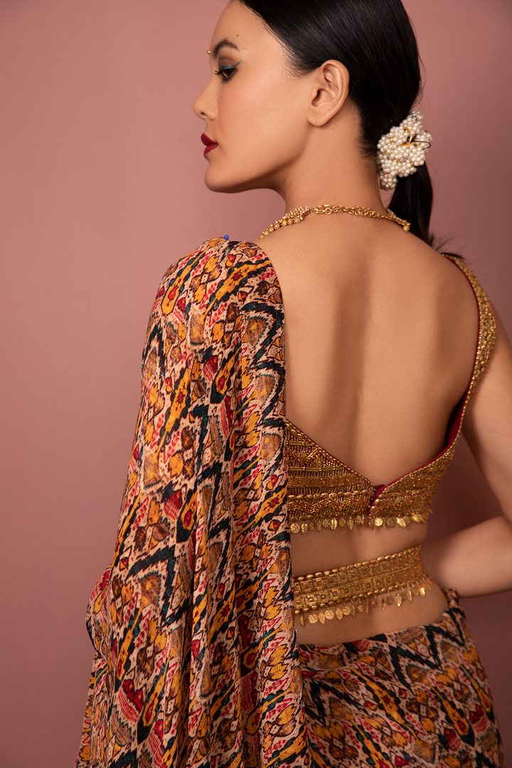 TRIBAL PRINTED SAREE WITH BLOUSE AND BELT