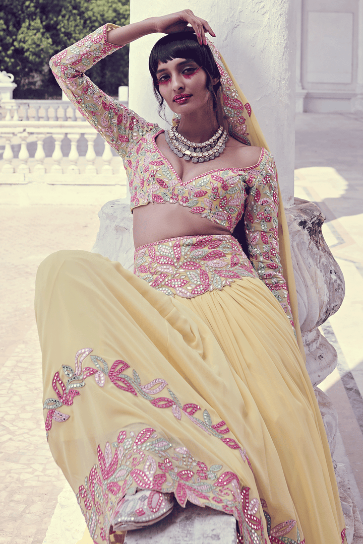 YELLOW GEORGETTE  MIRROR LEHENGA