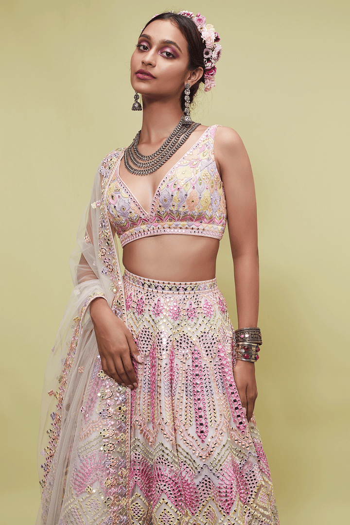 PEACH NET LEHENGA WITH RESHAM