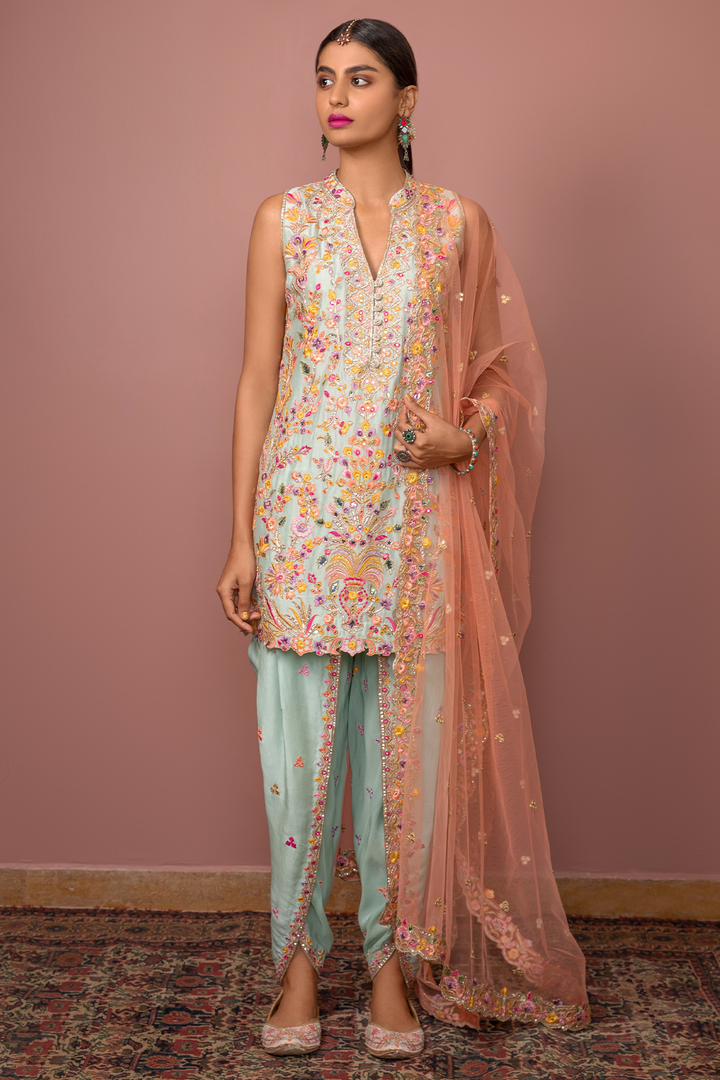 GREENISH BLUE KURTA DHOTI SET