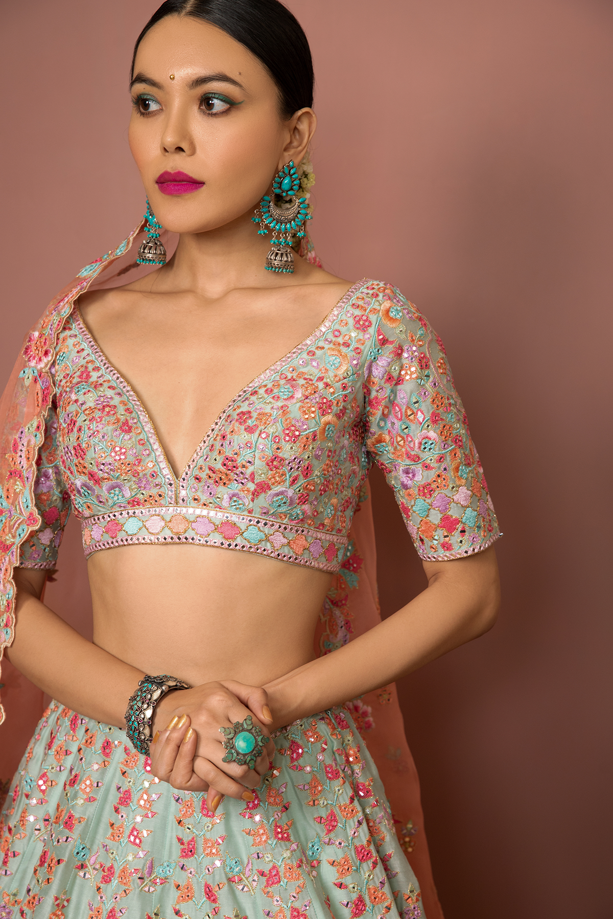 Blue Lehenga Set With Resham Foil Embroidery