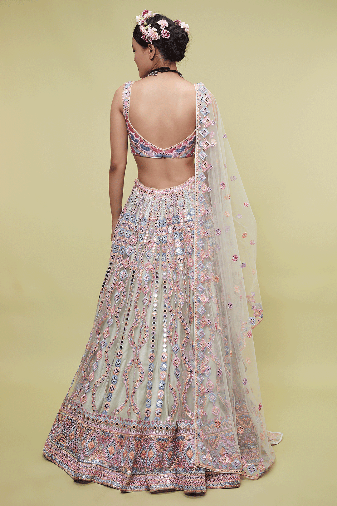 GREEN NET LEHENGA WITH RESHAM AND MIRRORS
