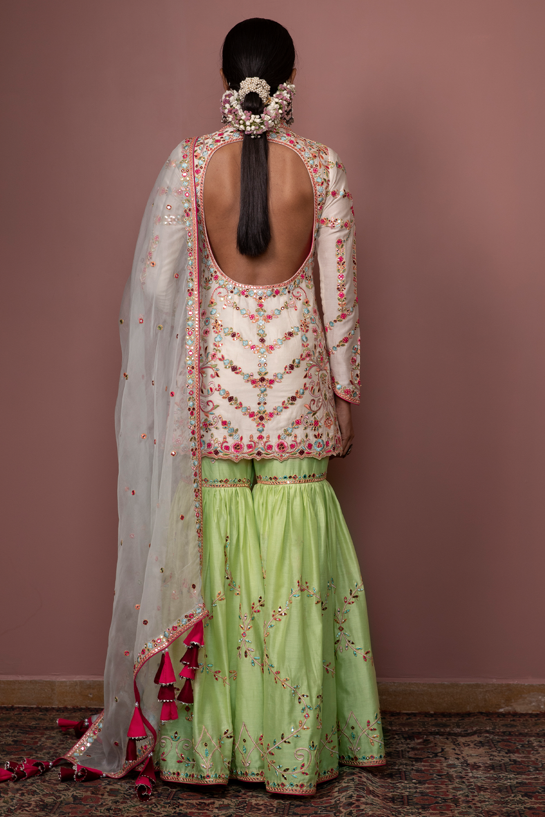 IVORY FULL SLEEVE KURTA WITH GREEN GHARARA