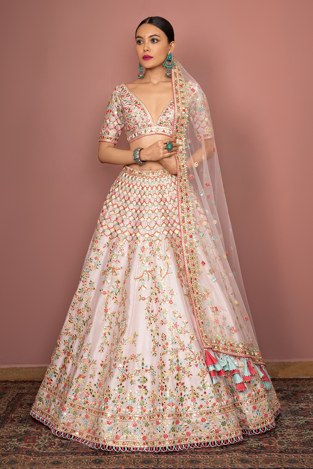 LIGHT BLUSH PINK MIRROR, RESHAM DETAILED LEHENGA SET