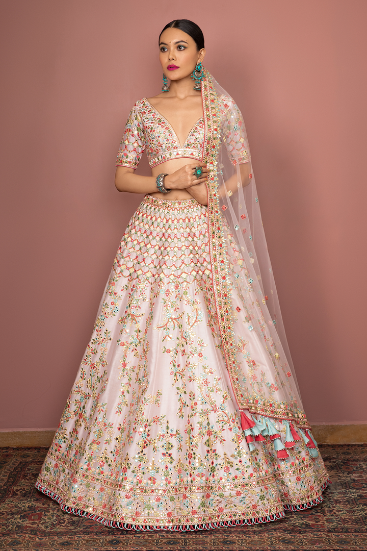 LIGHT BLUSH PINK MIRROR, RESHAM DETAILED LEHENGA SET
