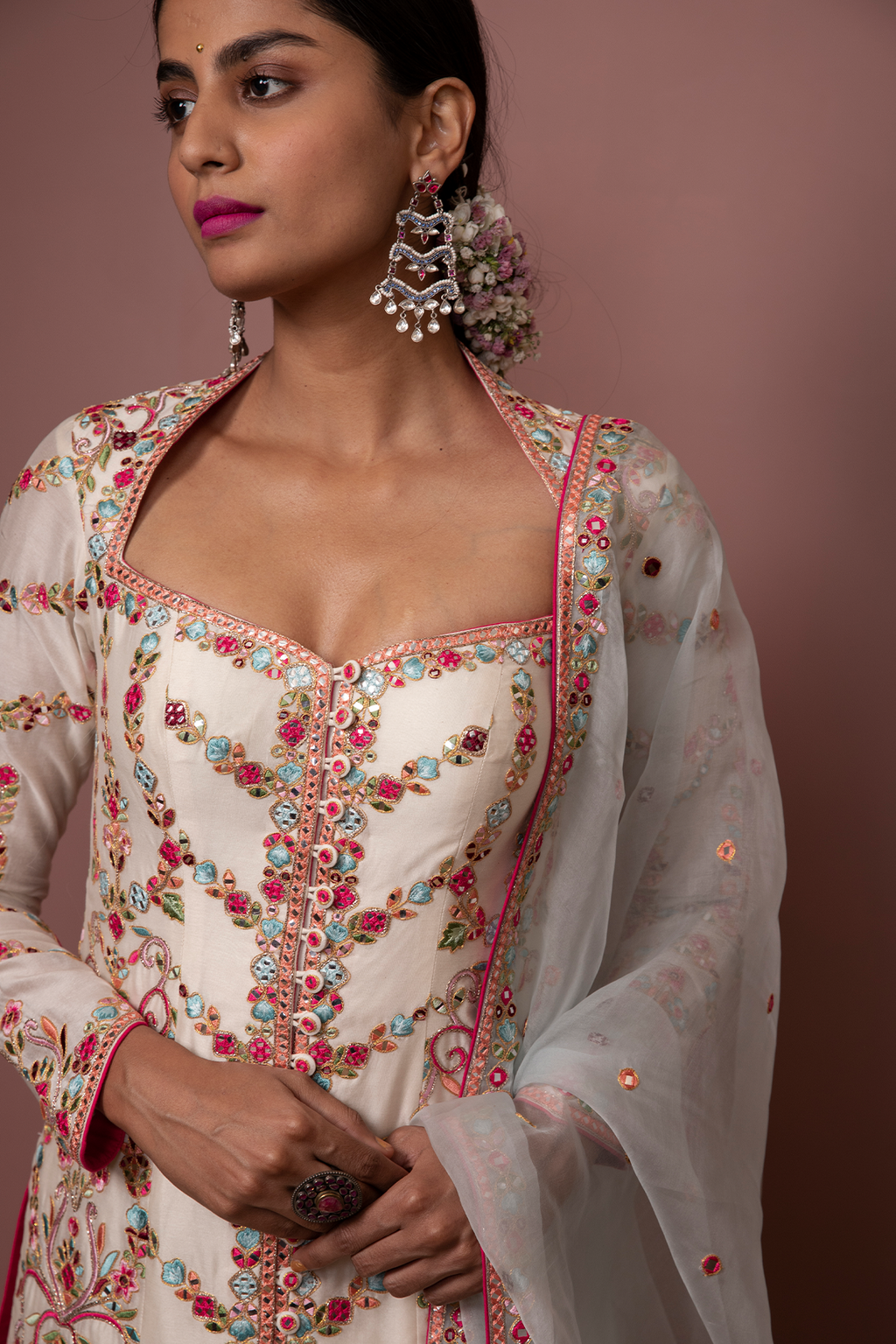Ivory Full Sleeve Kurta With Green Gharara