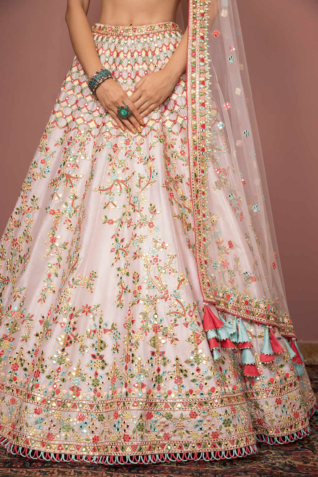 Light Blush Pink Mirror, Resham Detailed Lehenga Set