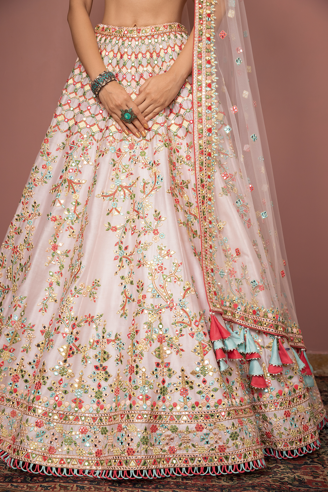 Light Blush Pink Mirror, Resham Detailed Lehenga Set