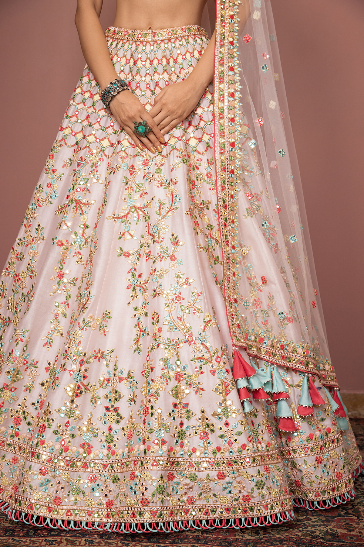 Light Blush Pink Mirror, Resham Detailed Lehenga Set