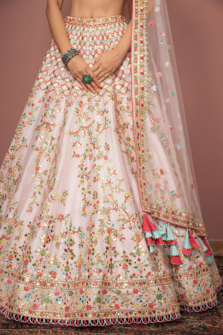 LIGHT BLUSH PINK MIRROR, RESHAM DETAILED LEHENGA SET