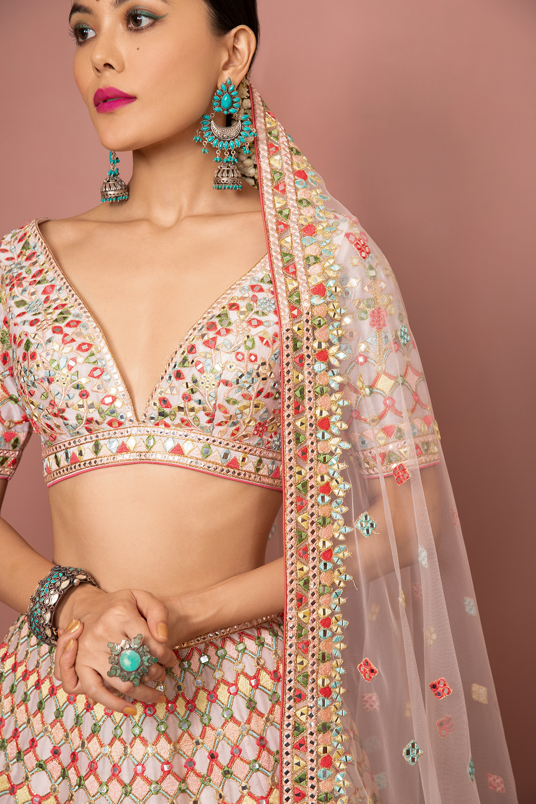 LIGHT BLUSH PINK MIRROR, RESHAM DETAILED LEHENGA SET