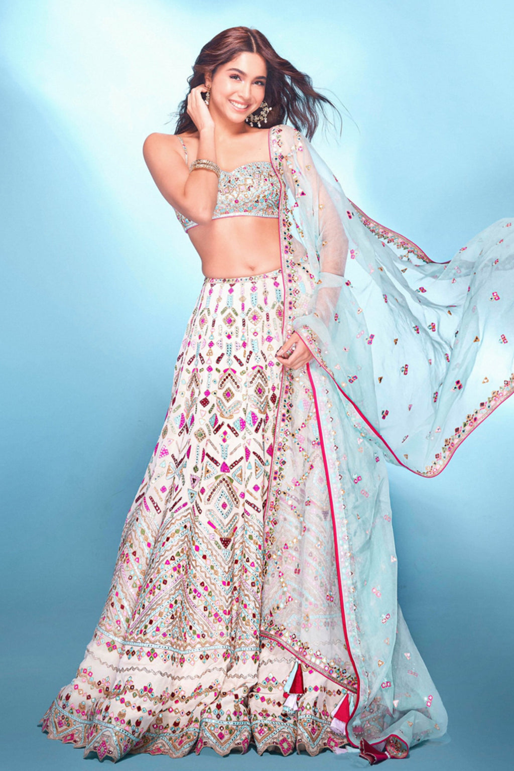 Sharvari In Ivory Georgette Multi Coloured Resham Lehenga Set