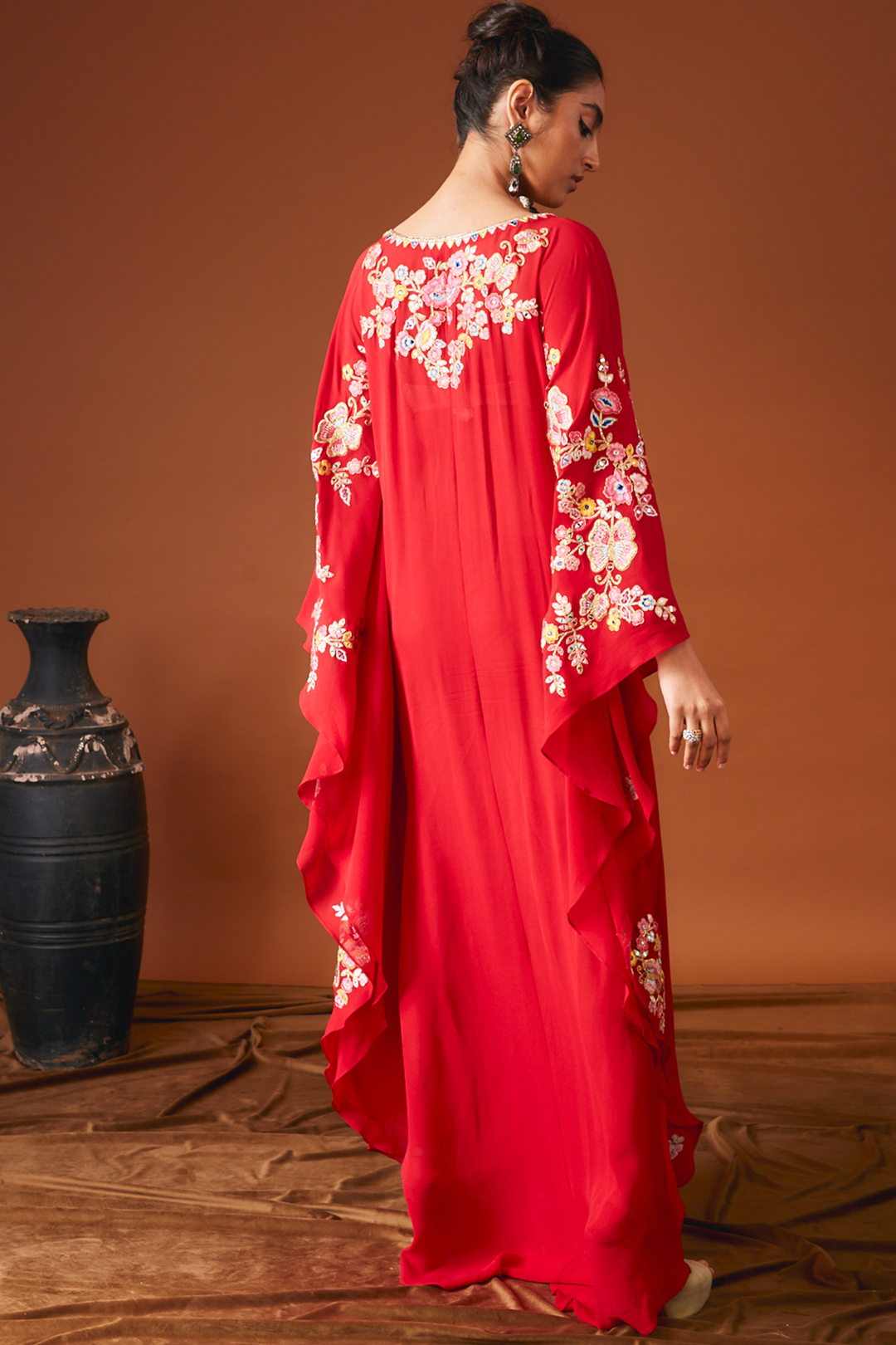 Red Georgette Floral Embroidered Kaftan