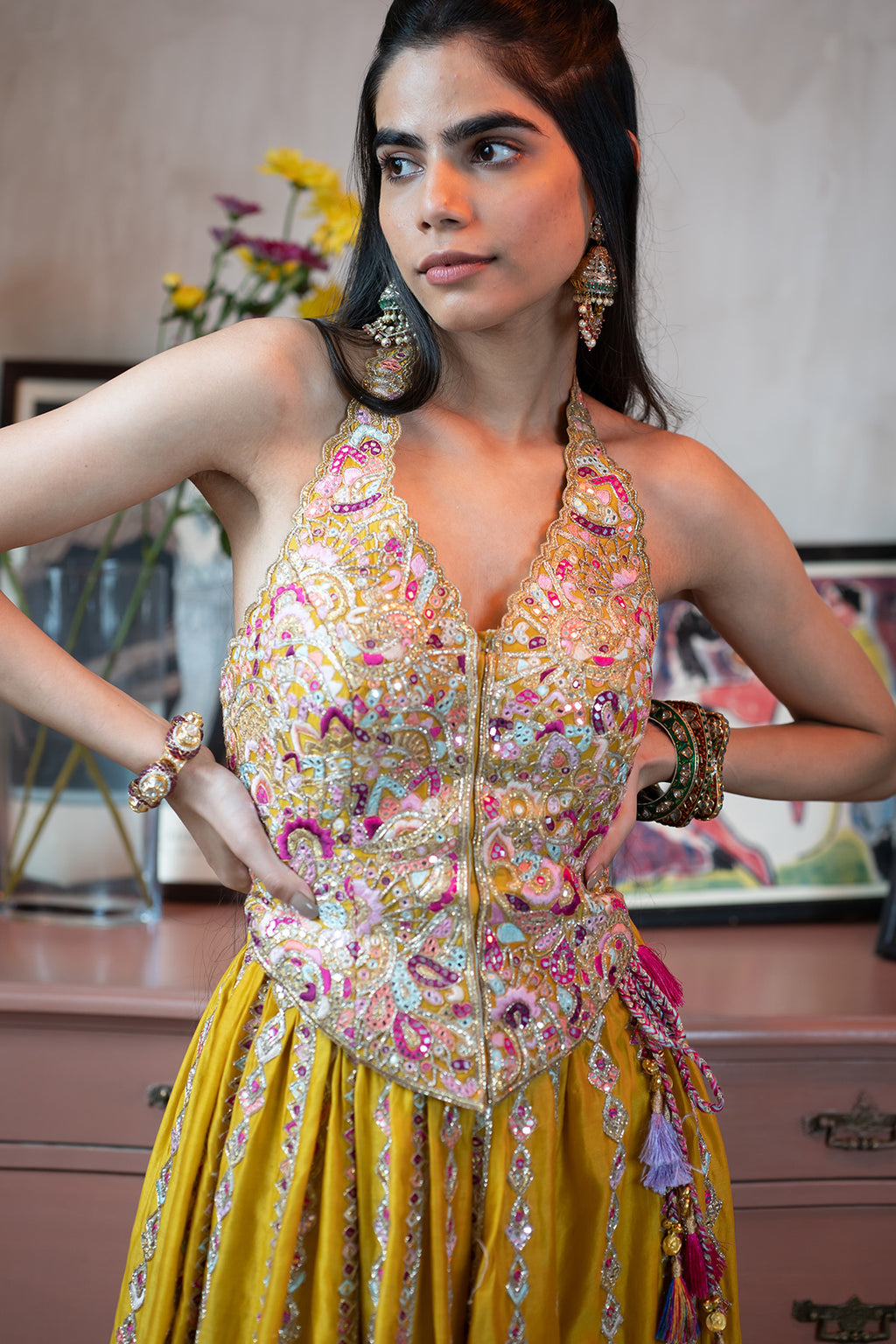 Mustard Chanderi Skirt With A Corset Style Halter Embroidered Blouse