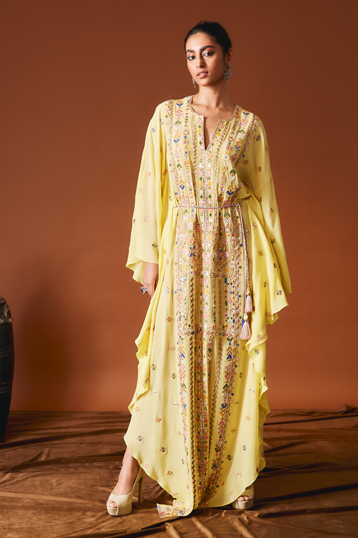 Yellow Geometry Embroidered Kaftan Paired With A Belt