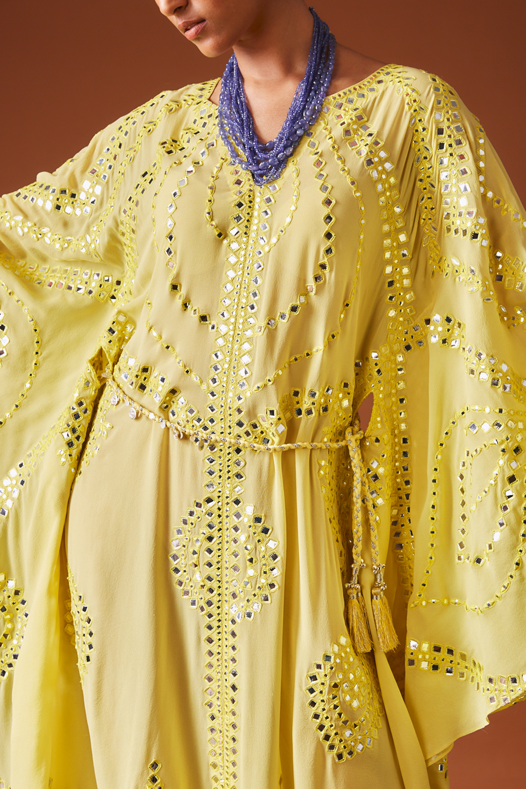 Yellow Foil And Resham Kaftan With A Belt