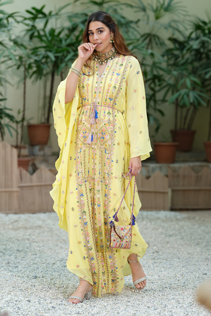 House of Misu in Yellow Geometry Embroidered Kaftan Paired With A Belt