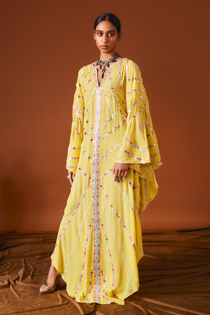 Yellow Georgette Kaftan With Multi Coloured Resham Embroidery