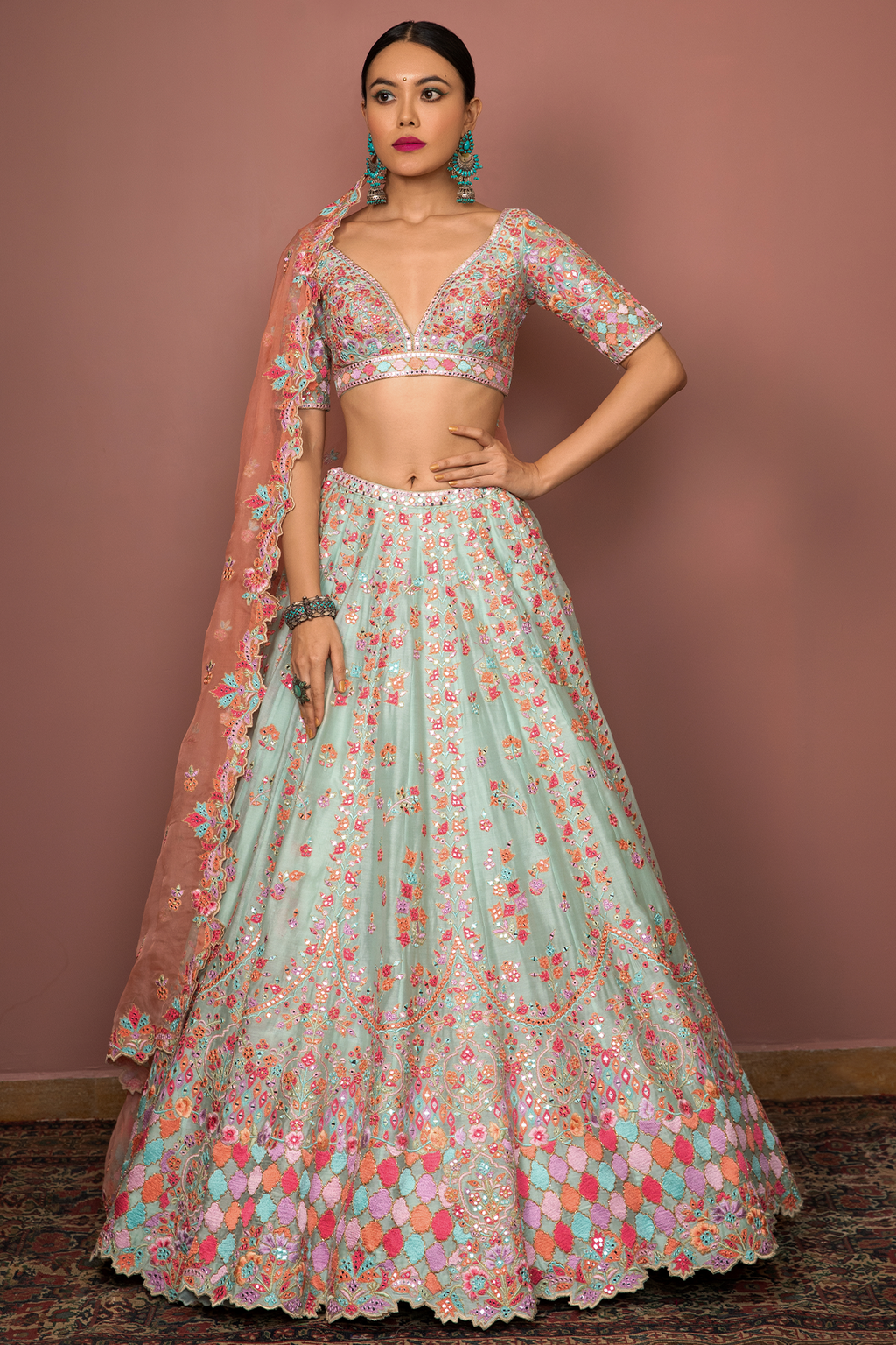Blue Lehenga Set With Resham Foil Embroidery