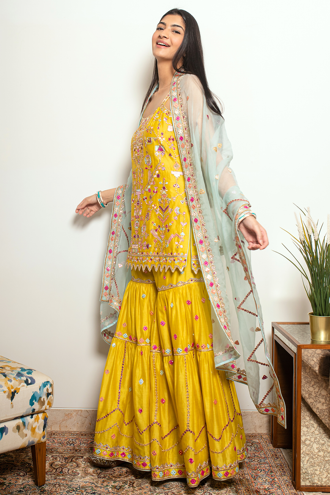 HANNA KHAN IN MUSTARD GHARARA SET
