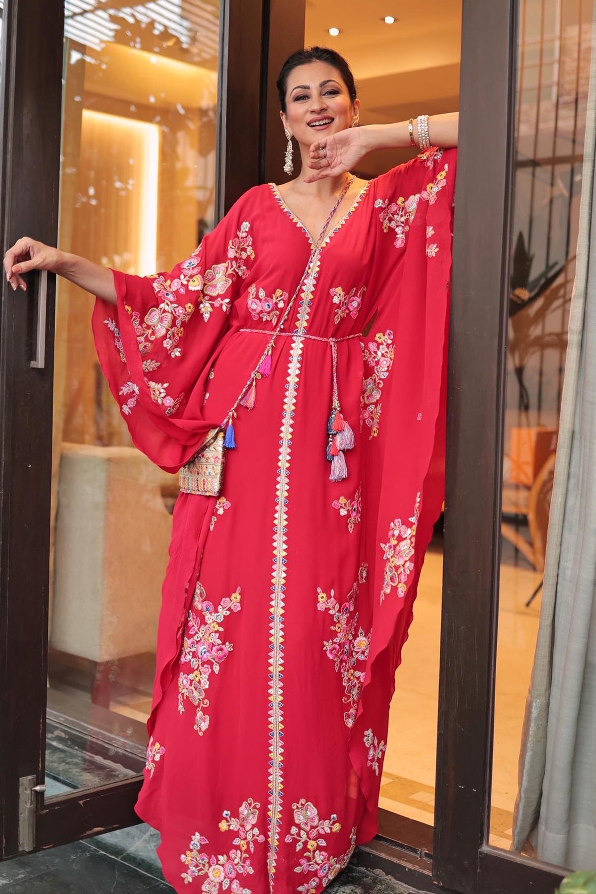 Sukhneet Kaur In Red Georgette Floral Embroidered Kaftan