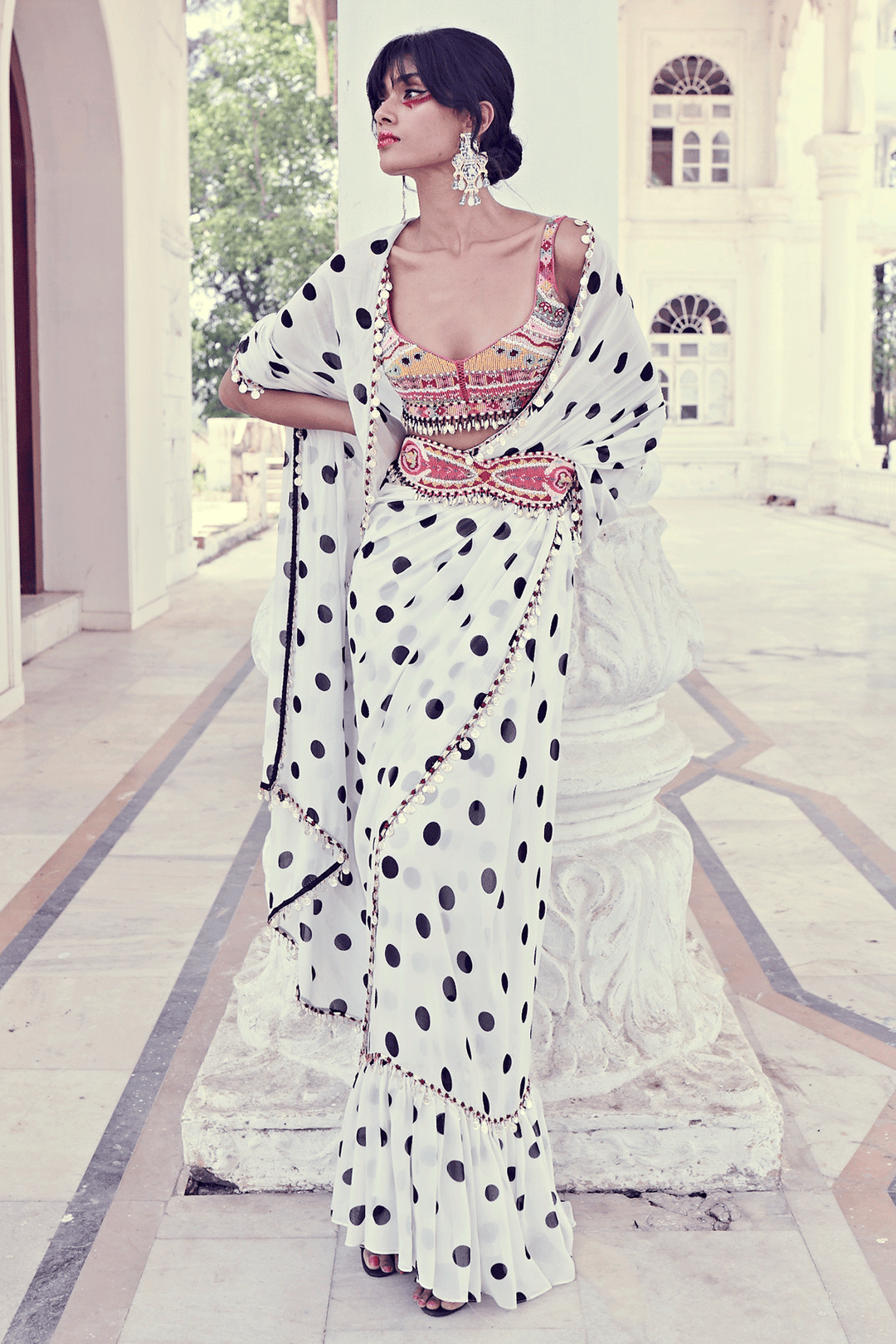 Polka Dot Saree With Bohemian Blouse And Belt