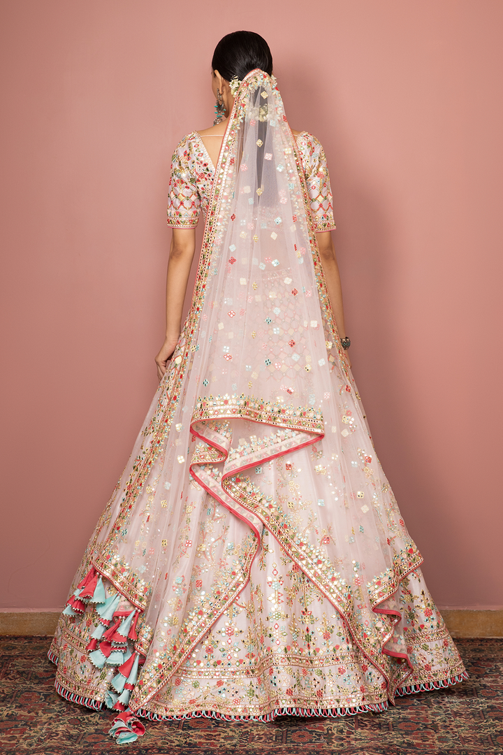 LIGHT BLUSH PINK MIRROR, RESHAM DETAILED LEHENGA SET