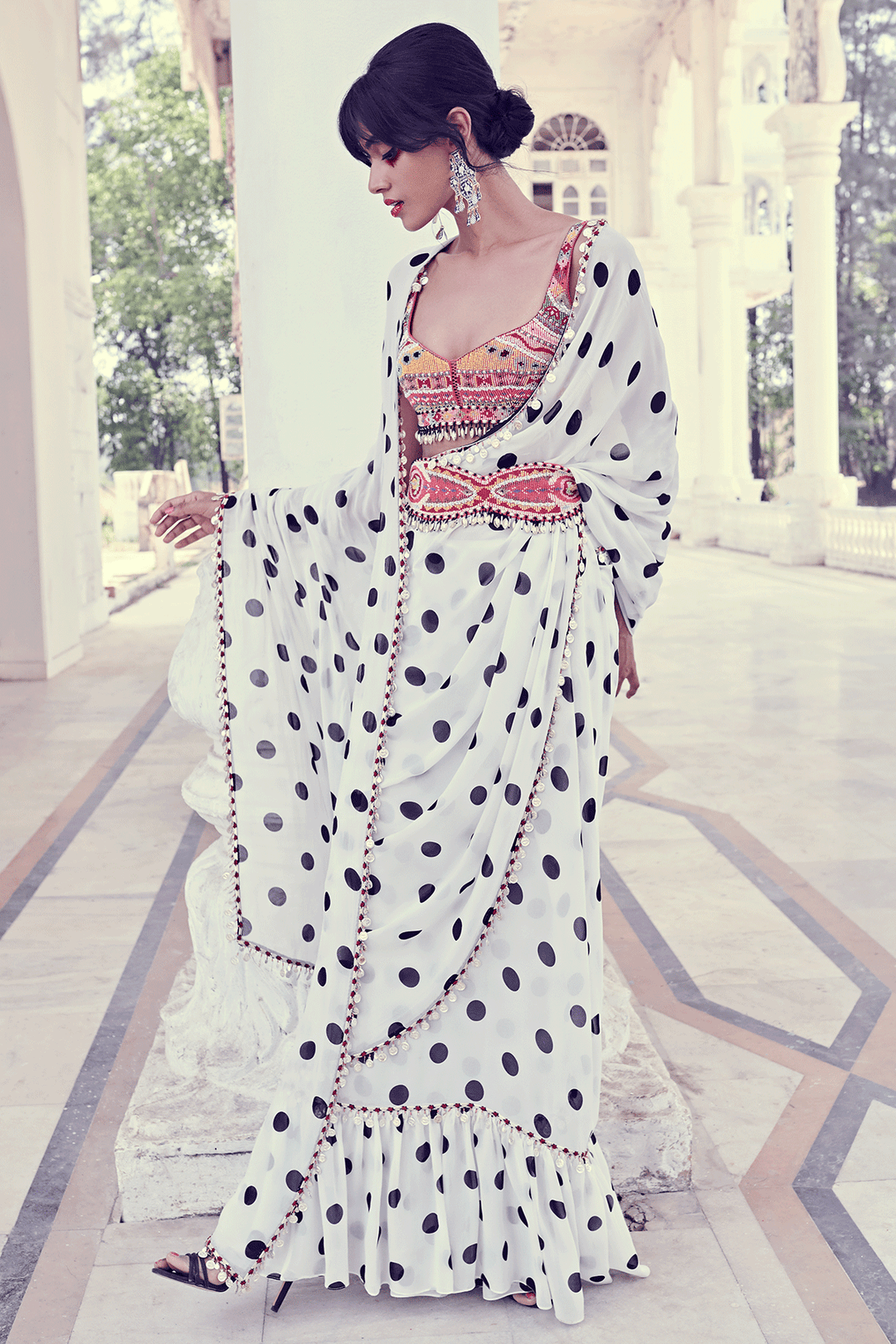 Polka Dot Saree With Bohemian Blouse And Belt